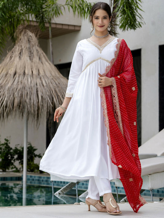 The52 White Women's Gorgeous Embroidered Chanderi Fabric Straight Kurta, Pant and Dupatta Set - Swadesiicart
