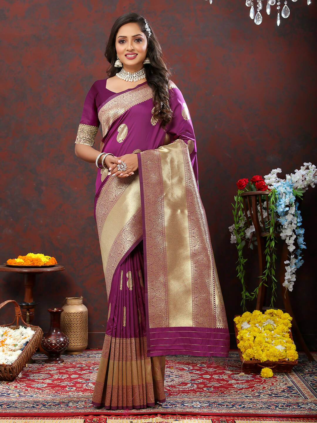 Lorenvalley Fashion Wine Soft Silk Woven Design Gold Zari Weaving Saree - Swadesiicart