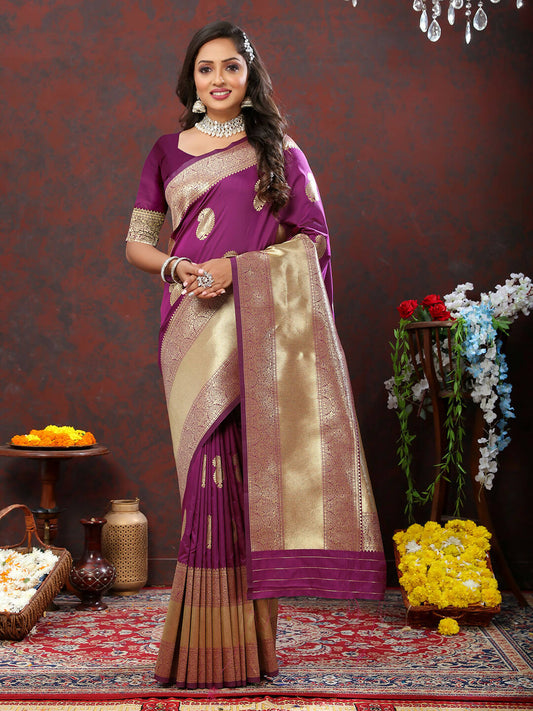 Lorenvalley Fashion Wine Soft Silk Woven Design Gold Zari Weaving Saree - Swadesiicart