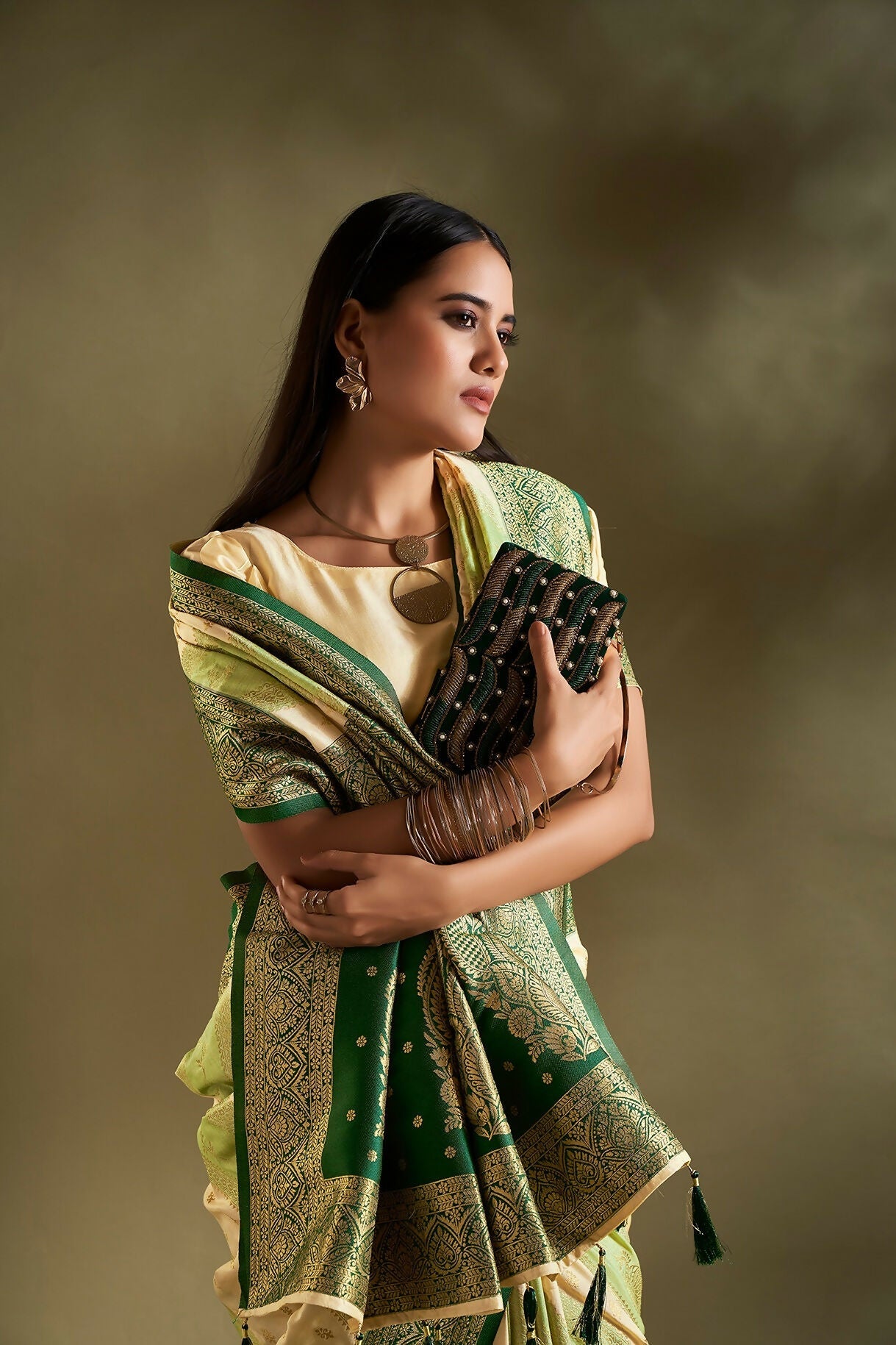 Joban Fashion Cream & Light Green Plain With Weaving Border Banarasi Silk Sarees | Swadesiicart