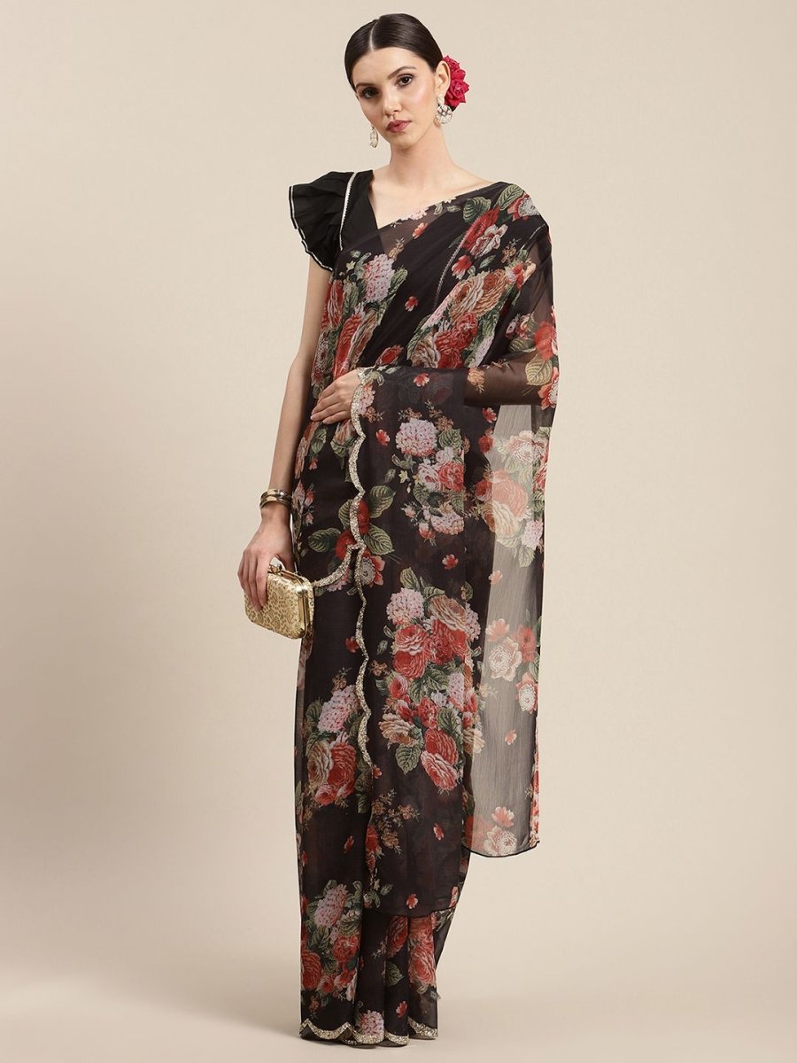Ahalyaa Women's Black Chiffon Digital Print Floral Saree | Swadesiicart