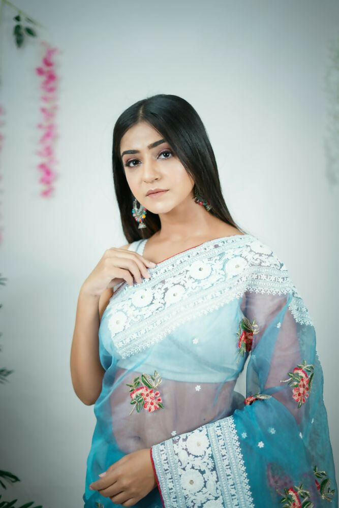 Vamsee Patralekha Blue Organza Saree - Swadesiicart