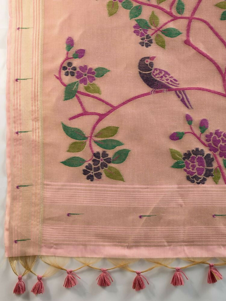 Vishnu Weaves Women's Pink Muga Cotton Thread Woven Butti with Blouse - Swadesiicart