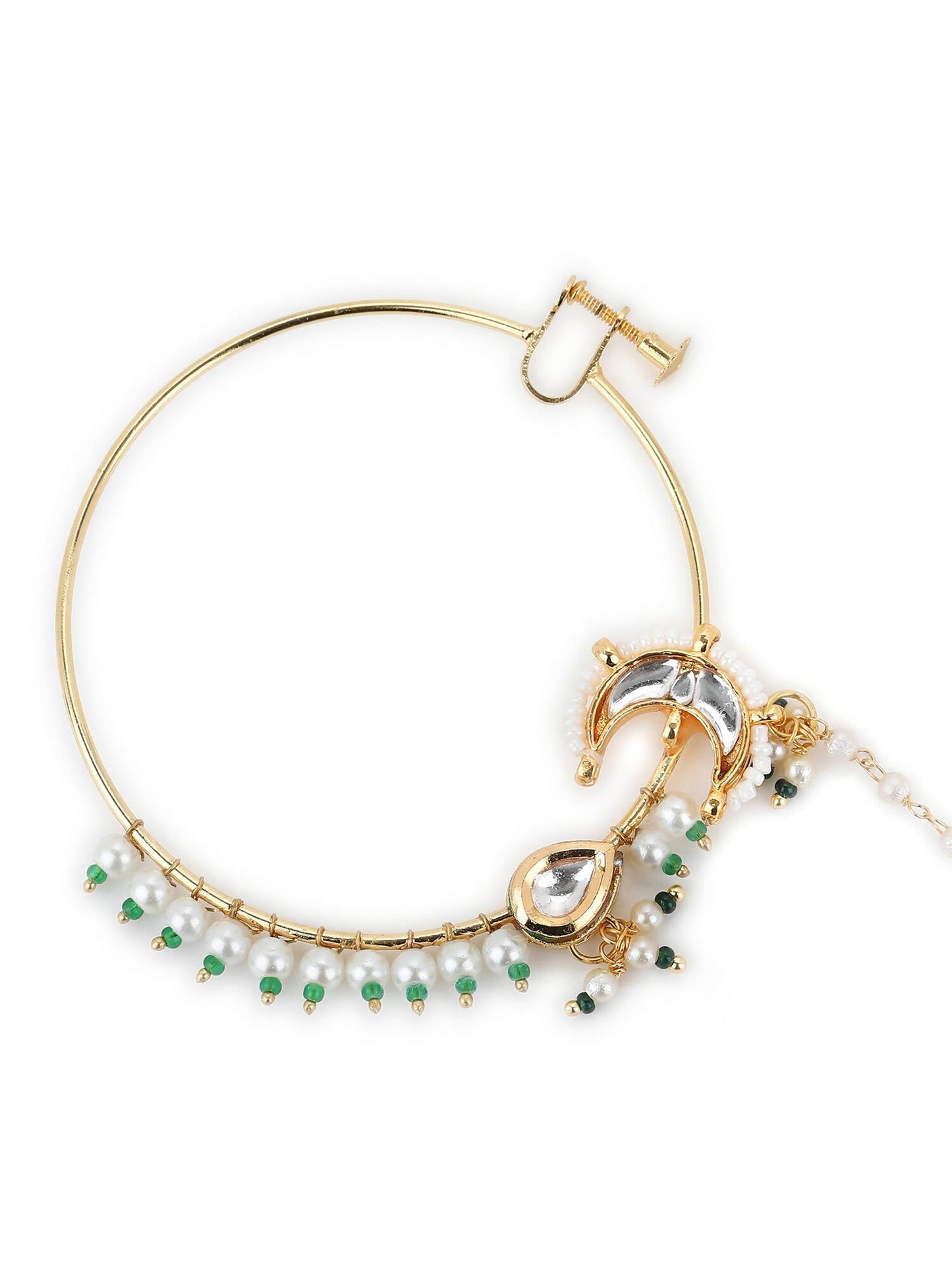 Gold-Polished White Green Kundan-Studded Pearl Beaded Nosepin - Ruby Raang | Swadesiicart