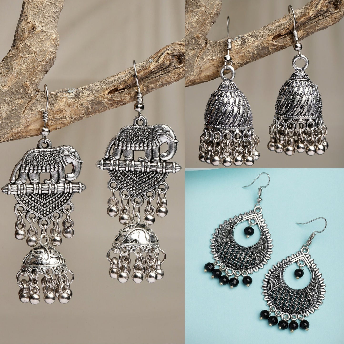 NVR Women's Set of 3 Silver-Toned German Silver Oxidised Dome Shaped Jhumka Earrings | Swadesiicart