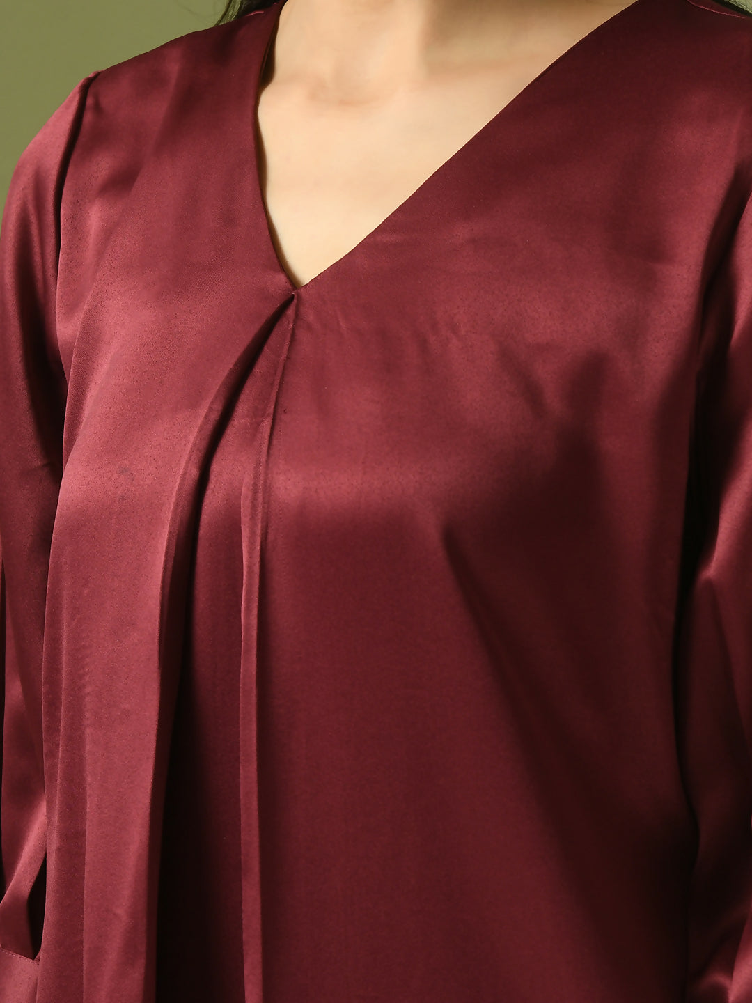 Myshka Women's Maroon Solid Satin V-Neck Party Tunic With Trousers Co-ord set - Swadesiicart