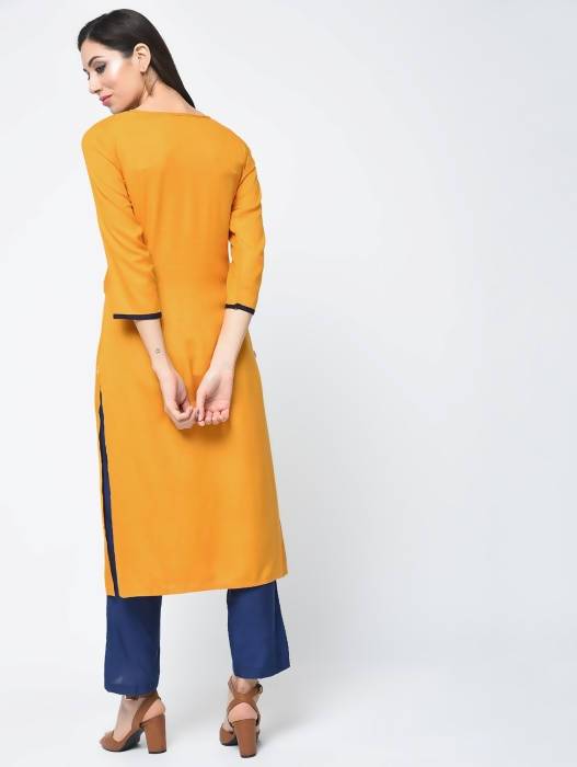 Aniyah Rayon Block Printed Straight Kurta In Mustard And Blue (AN-119K) - Swadesiicart
