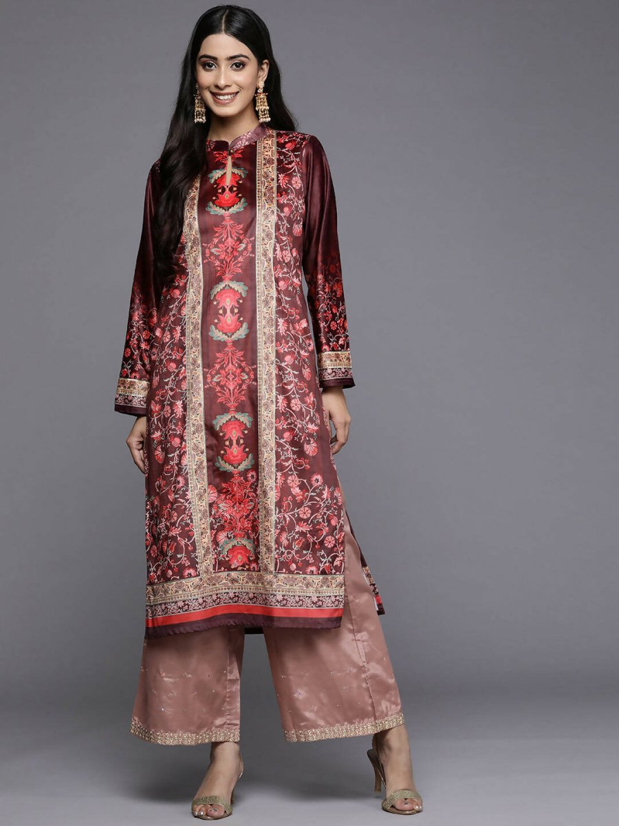 Ahalyaa Women Burgundy & Golden Floral Printed Gotta Patti Floral Velvet Kurta | Swadesiicart