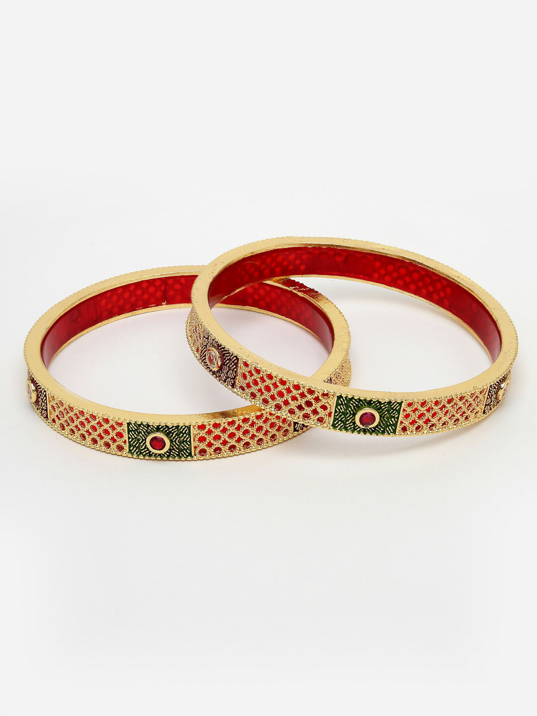 NVR Women's Set Of 2 Gold-Polished Red Kundan Traditional Bangles - Swadesiicart