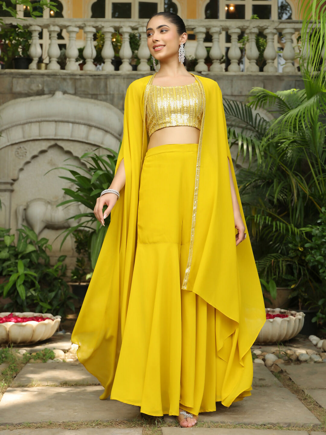 Janasya Yellow Georgette Sequined Top Bottom Cape | Swadesiicart