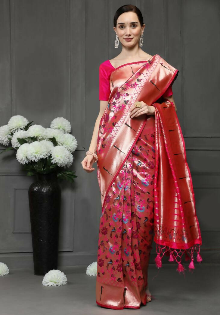 Vishnu Weaves Women's Pink Paithani Silk Zari Woven Saree with Unstitched Blouse - Swadesiicart