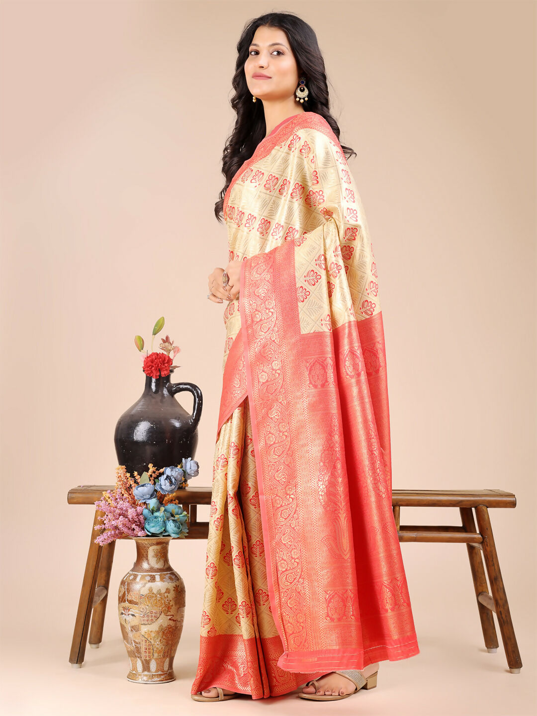 Astita Aura Silk Cream Red Banarasi Silk Saree | Swadesiicart