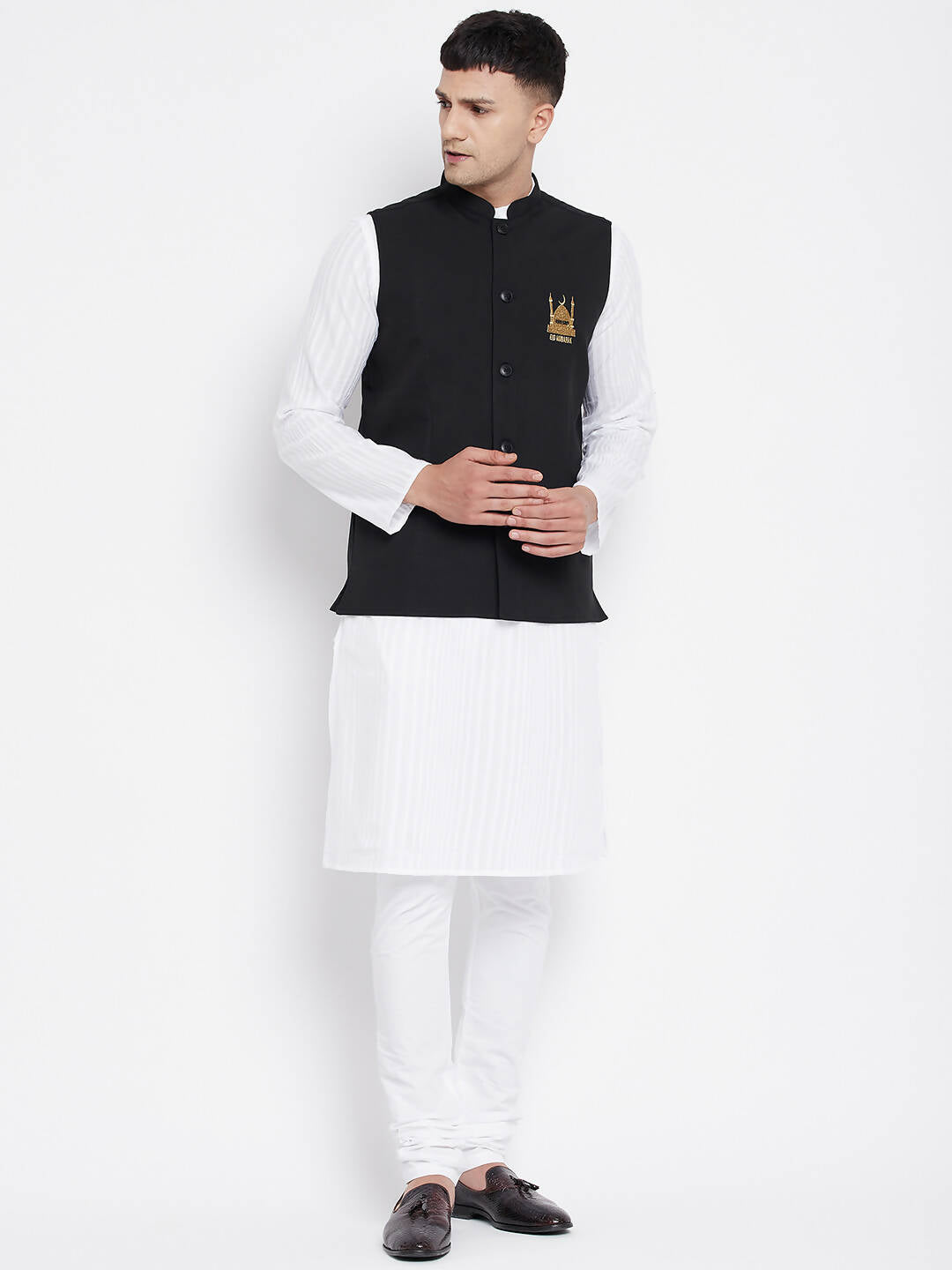 Even Apparels Black Pure Cotton White Kurta Sets With Eid Insignia Jackets PW66 | Swadesiicart