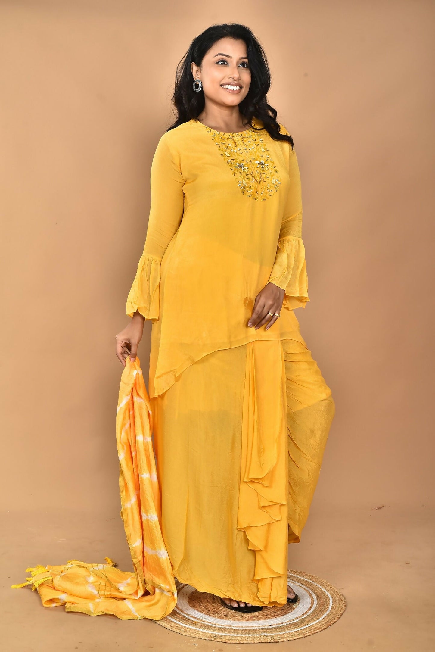 Morchari Women And Hand Embroidery Palazzo Set-Yellow - Swadesiicart