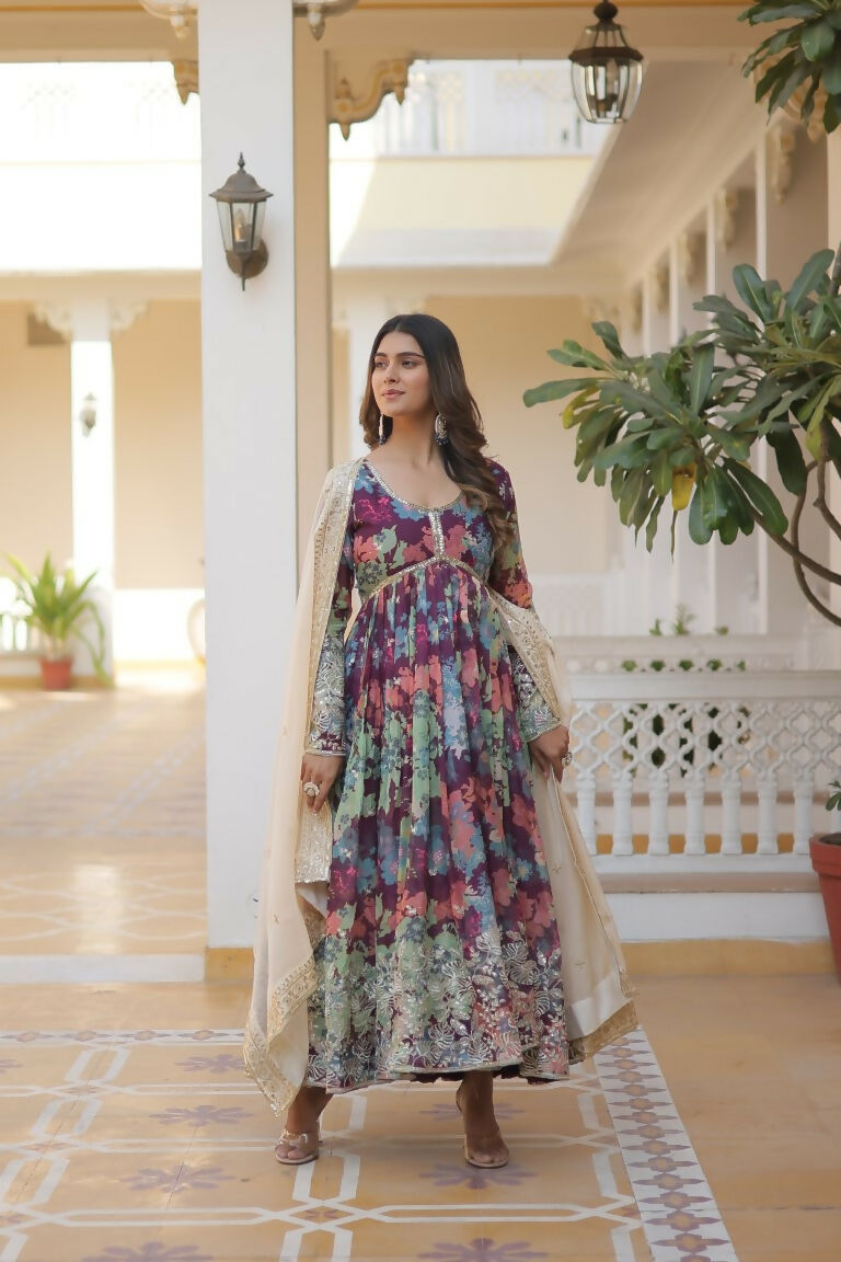 Jyoti Fashion Women's Wine Russian Silk Sequins Zari Embroideredy Anarkali Dress with Dupatta | Swadesiicart