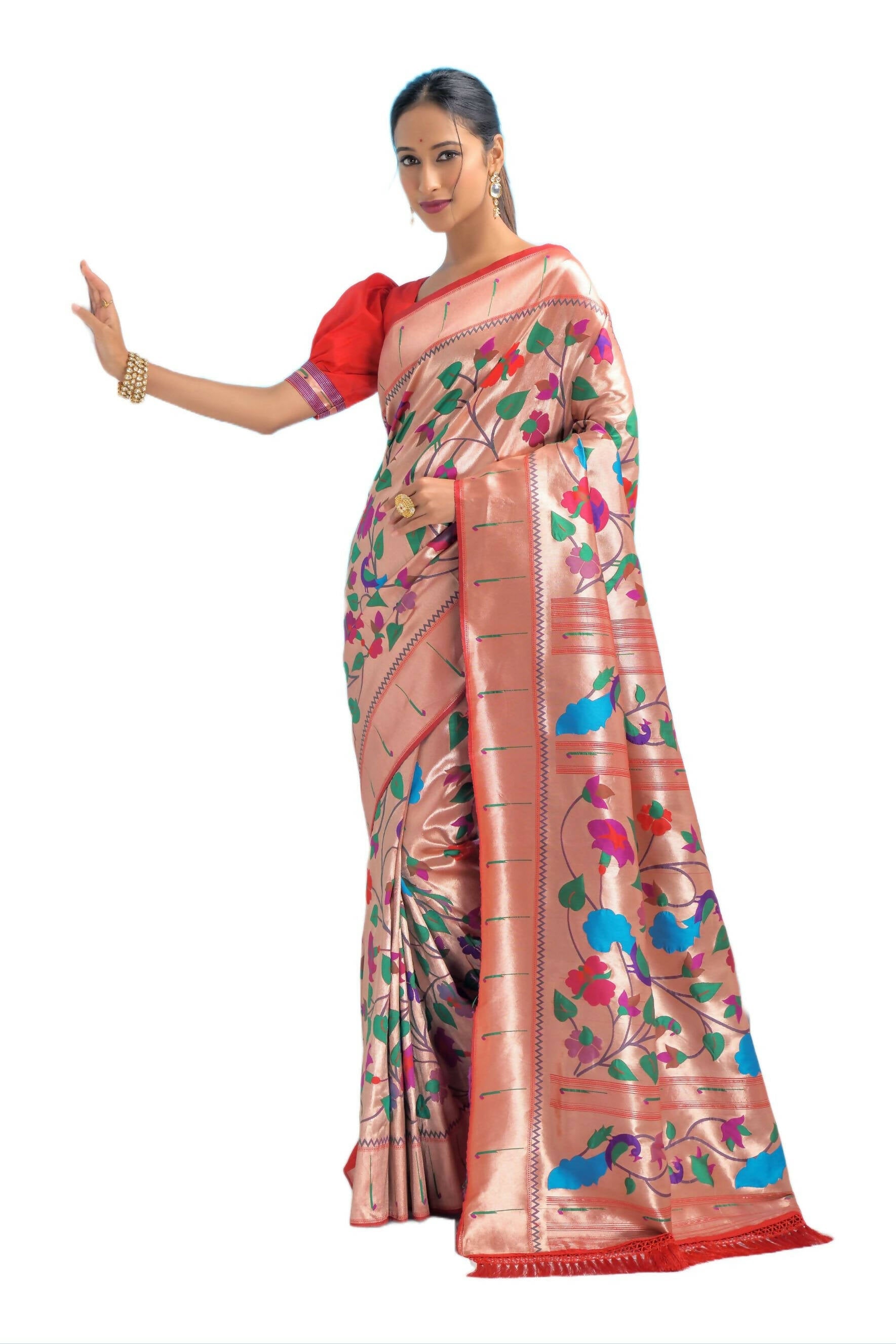 Vishnu Weaves Women's Red Paithani Silk Minakari Zari Woven Saree with Unstitched Blouse - Swadesiicart