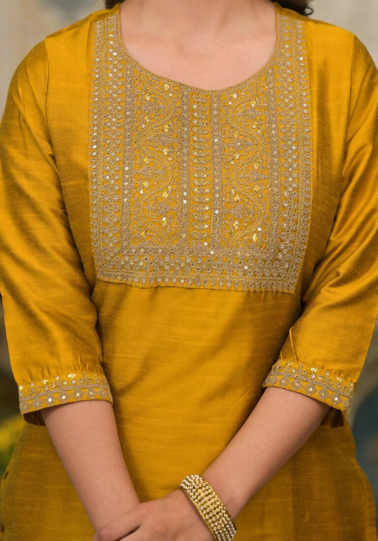 Partywear Designer Musted Yellow Poly Silk fabric Stitched Suit With Dupatta - Tanisha | Swadesiicart