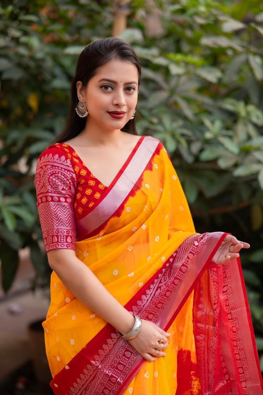 Orange Jute Silk Ethnic Motifs Saree with Unstitched Blouse - Hiral Fashion | Swadesiicart