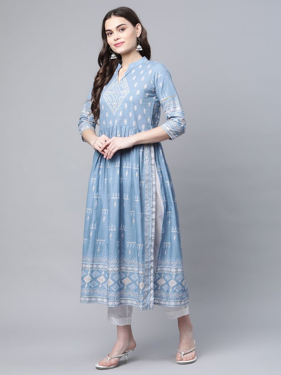 Ahalyaa Women Pastel Blue Pure Cotton Printed Kurta Pant Set With Dupatta | Swadesiicart