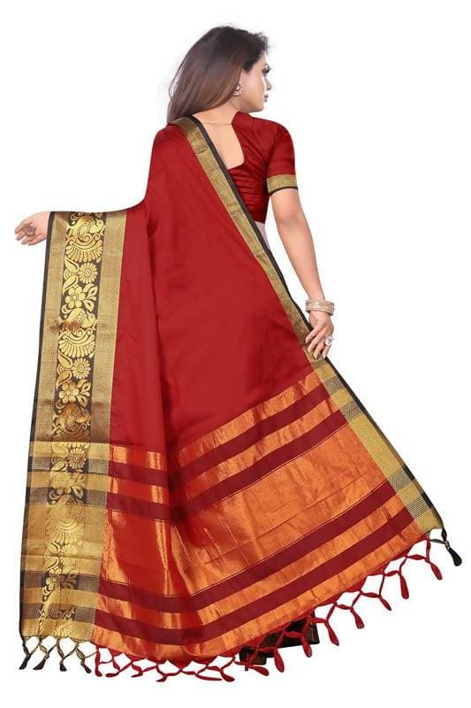 Vamika Banarasi Cotton Silk Weaving Red Saree (DOCTOR MOR RED) | Swadesiicart