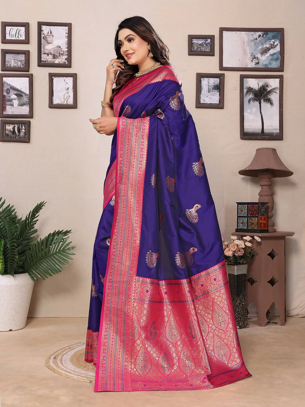Joban Fashion Banarasi Purple Small Butti Soft Silk Saree | Swadesiicart