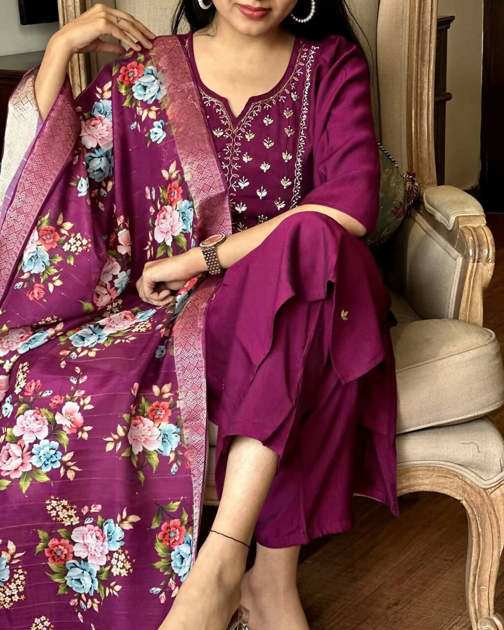 The52 Wine Women's Gorgeous Embroidered Rayon Fabric Straight Kurta Pant with Dupatta Set - Swadesiicart