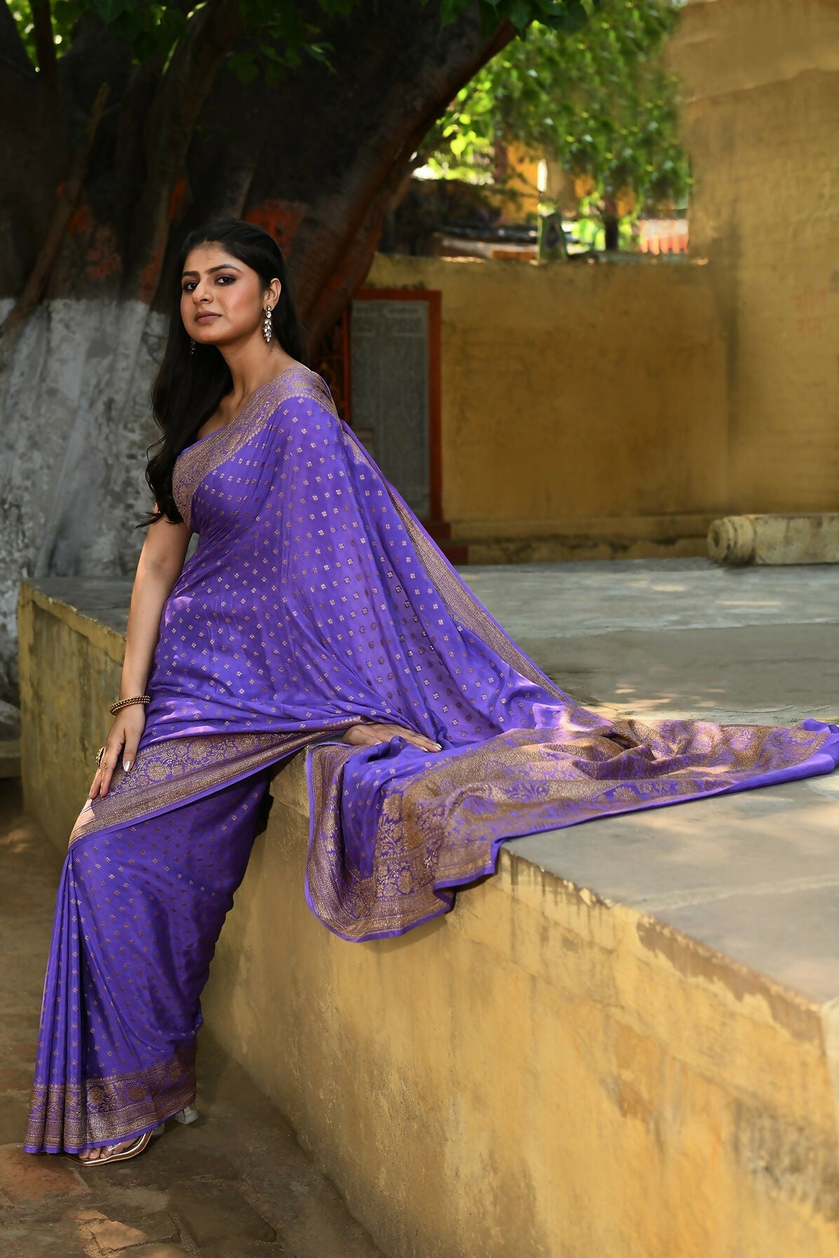 Joban Fashion Lavender Crepe Chiffon Pure Handloom Banarasi Silk Saree | Swadesiicart