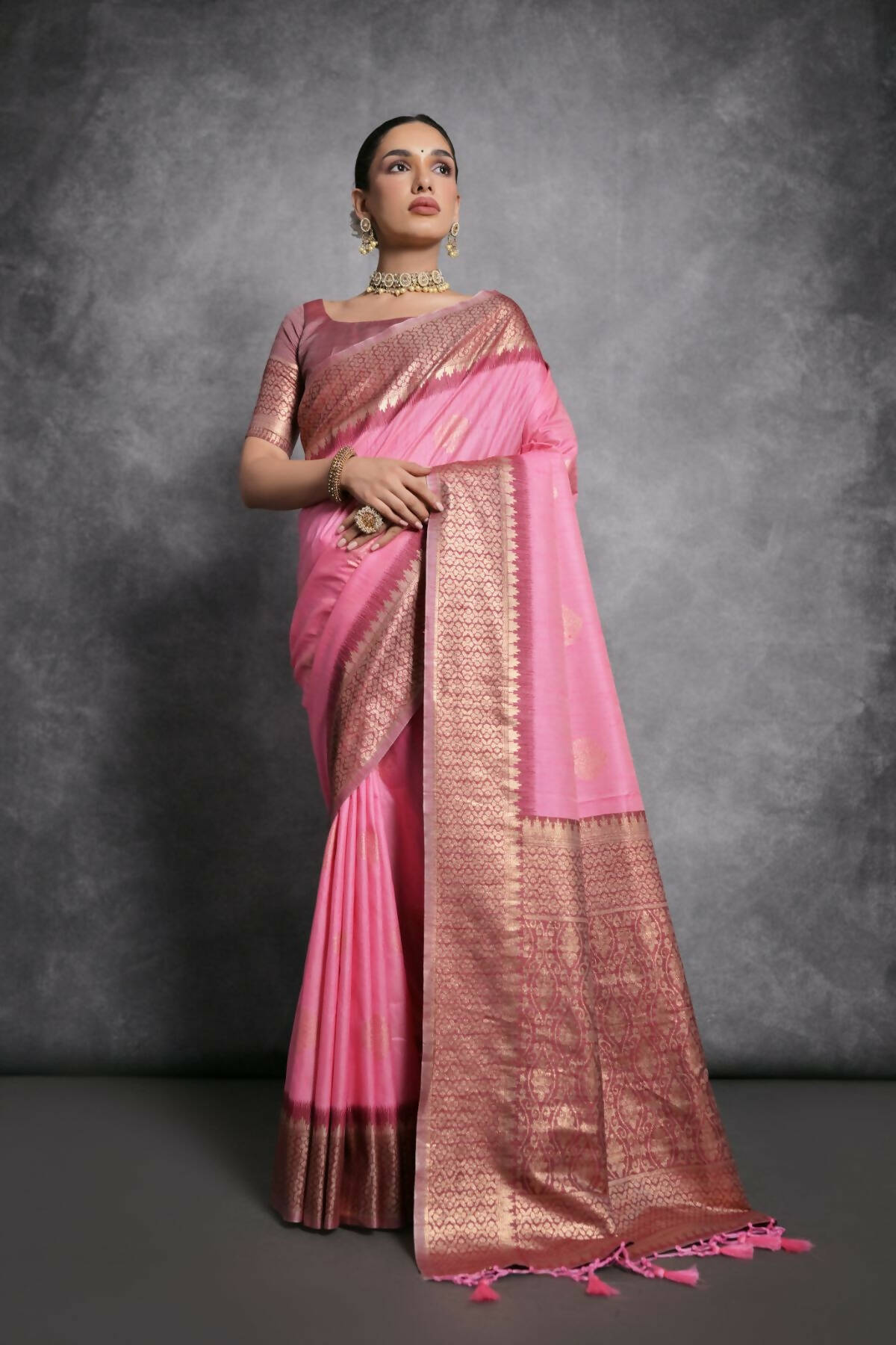 Vishnu Weaves Women's Baby-Pink Tussar Silk Zari Woven Saree with Blouse - Swadesiicart