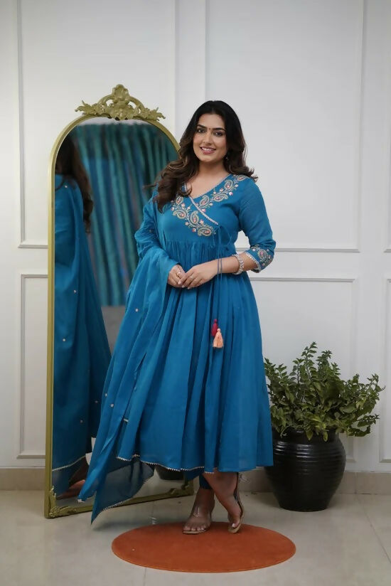 The52 Petrol Women's Beautiful Parampara Fabric Embroidered Work Flared Kurta Pant and Dupatta Set - Swadesiicart