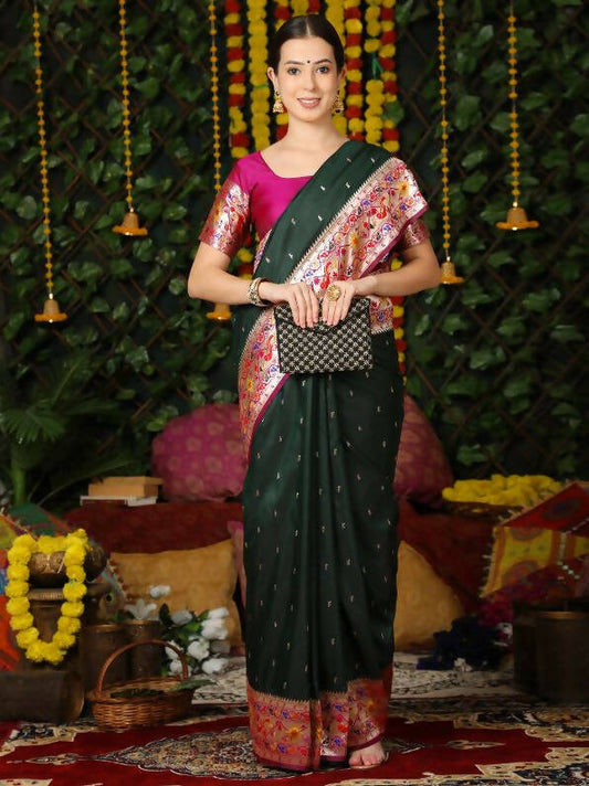 Vishnu Weaves Women's Bottle Green Paithani Silk Zari Woven Saree with Unstitched Blouse - Swadesiicart