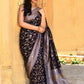 Joban Fashion Navy Blue Crepe Chiffon Pure Handloom Banarasi Silk Saree | Swadesiicart