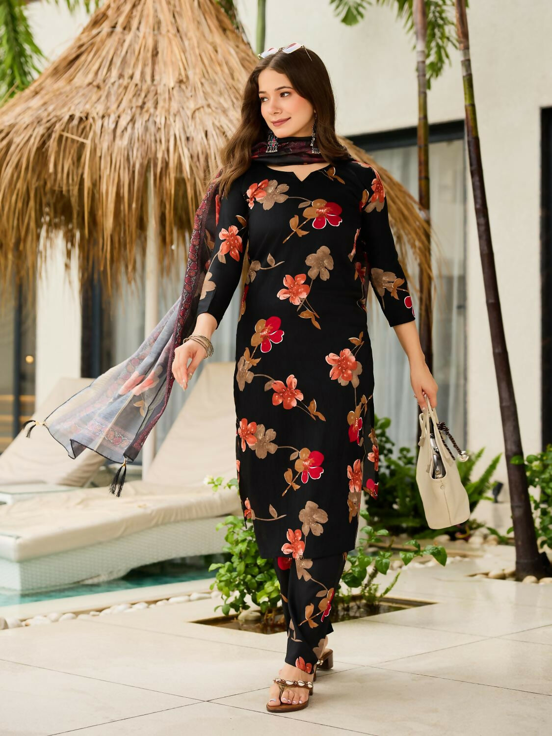 The52 Black Women's Gorgeous Printed Silk Blend Fabric Straight Kurta, Pant and Dupatta Set - Swadesiicart