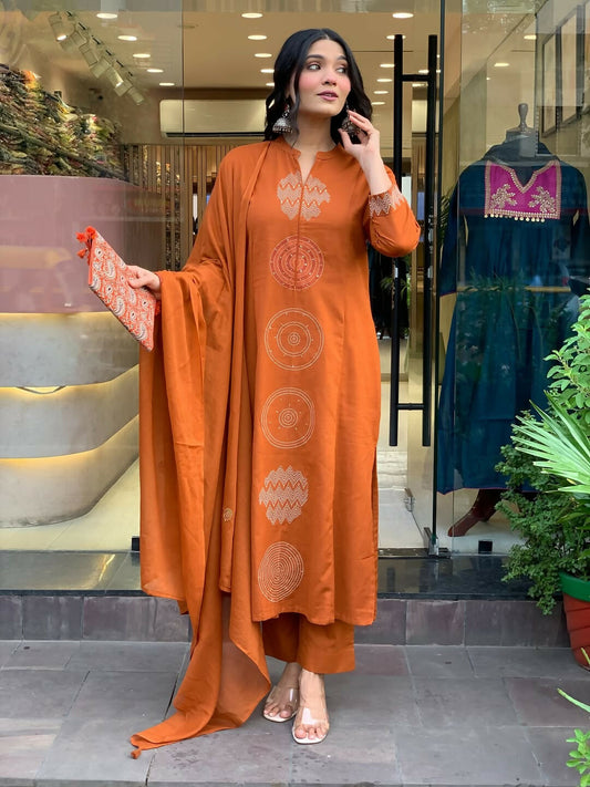 The52 Orange Women's Gorgeous Chanderi Fabric Embroidered Work Straight Kurta Pant and Dupatta Set - Swadesiicart