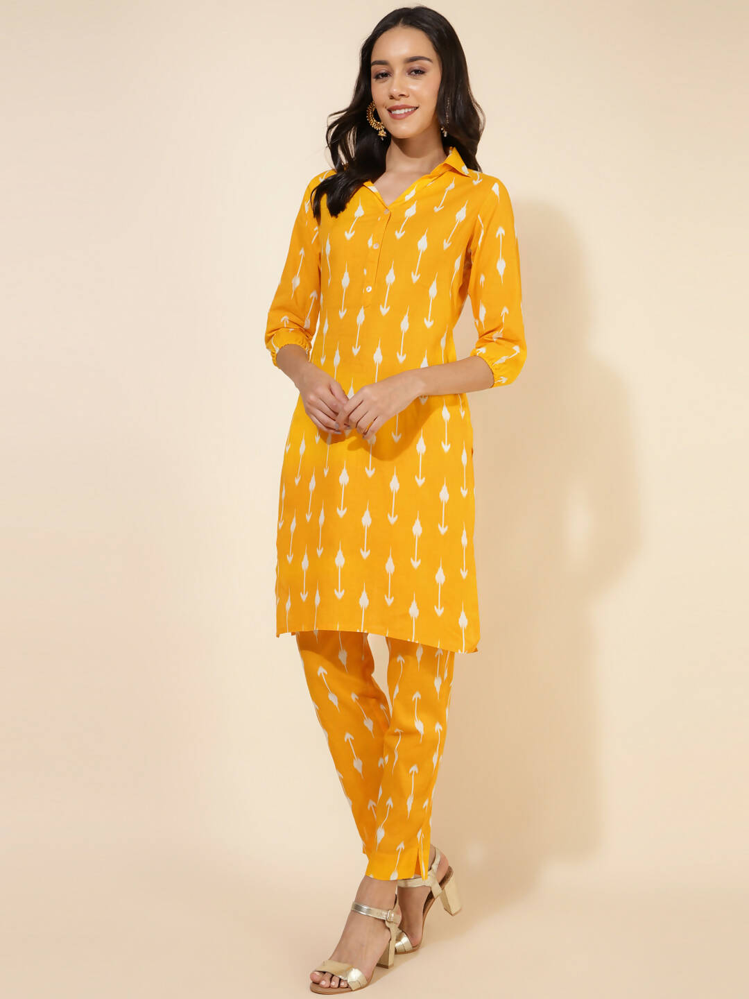 Janasya Women's Yellow Cotton Ikkat Printed Casual Straight Co-ords - Swadesiicart