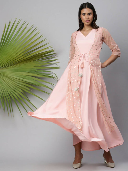 Ahalyaa Women Pink Crepe & Net Foil Print Dress | Swadesiicart