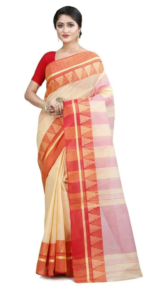 Exclusive Collection White Red 100% Pure Cotton Tant Saree - Swadesiicart