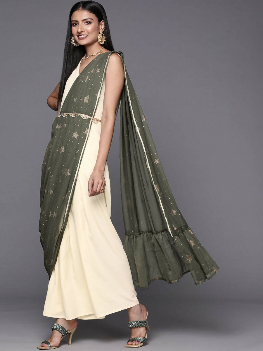 Ahalyaa Off White & Olive Green Ethnic Maxi Dress with Attached Dupatta | Swadesiicart