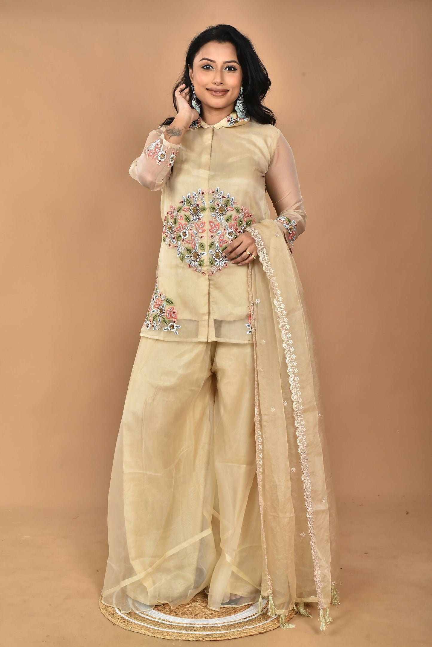 Morchari Women And Hand Embroidery Palazzo Set-Beige - Swadesiicart