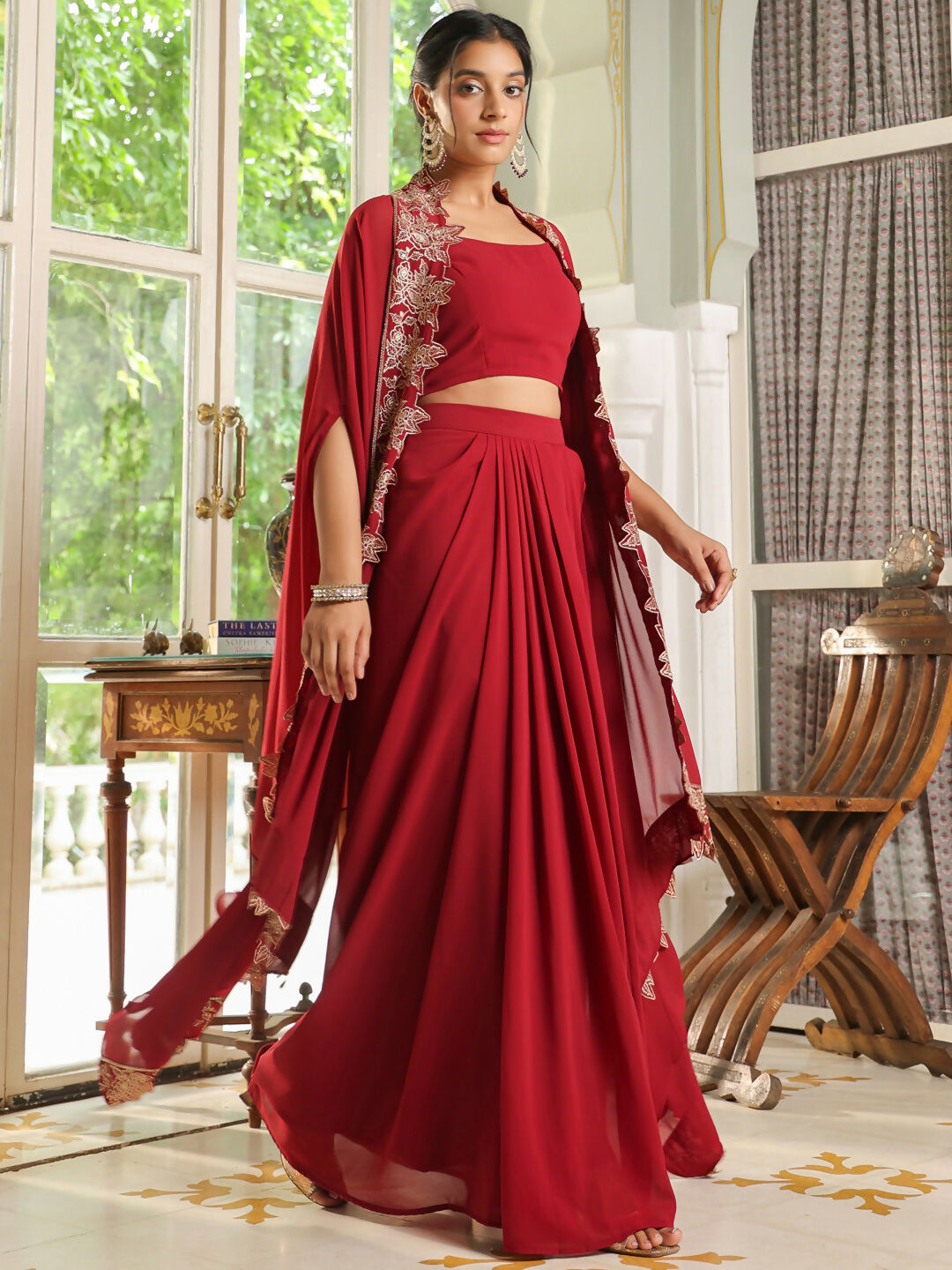 Janasya Maroon Georgette Solid Top Bottom Cape | Swadesiicart