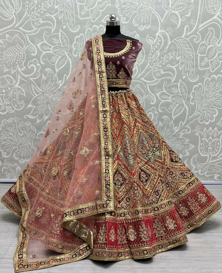 Jyoti Fashion Women's Purple Velvet Golden Gotta, Multi Thread Embroidered with Diamond Work Wedding Lehenga Choli | Swadesiicart