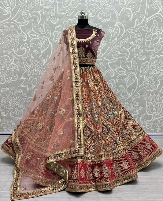 Jyoti Fashion Women's Purple Velvet Golden Gotta, Multi Thread Embroidered with Diamond Work Wedding Lehenga Choli | Swadesiicart