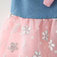 Bold N Elegant Cap Sleeve Denim Embroidered Midi Party Dress Frock with Hat Dress - Floral Pink