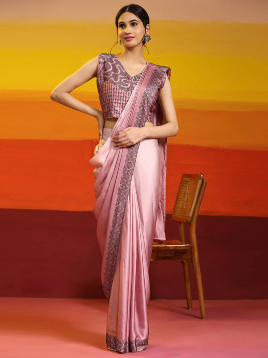 Purple Ombre Satin Georgette Plain Ready to wear Saree with stitched Blouse - Vrinda | Swadesiicart