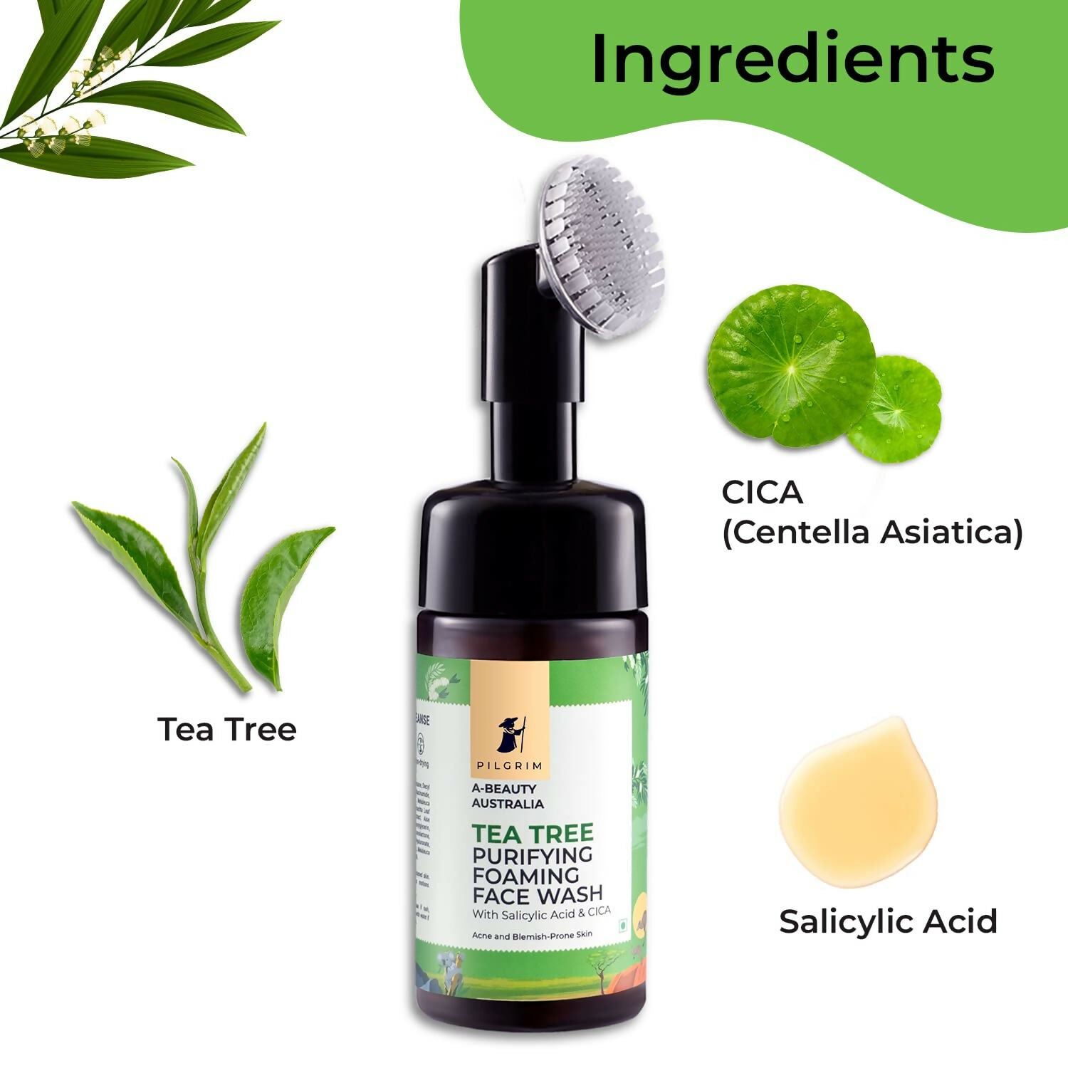 Pilgrim Australian Tea Tree & 1% Salicylic Acid Foaming Face Wash with Brush For Oily Skin, Acne And Pimples - Swadesiicart