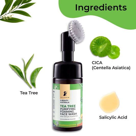 Pilgrim Australian Tea Tree & 1% Salicylic Acid Foaming Face Wash with Brush For Oily Skin, Acne And Pimples - Swadesiicart