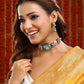 Ruby Raang 22k Gold Polished Kundan And Mint Colored Stonework Choker With Matching Earrings | Swadesiicart