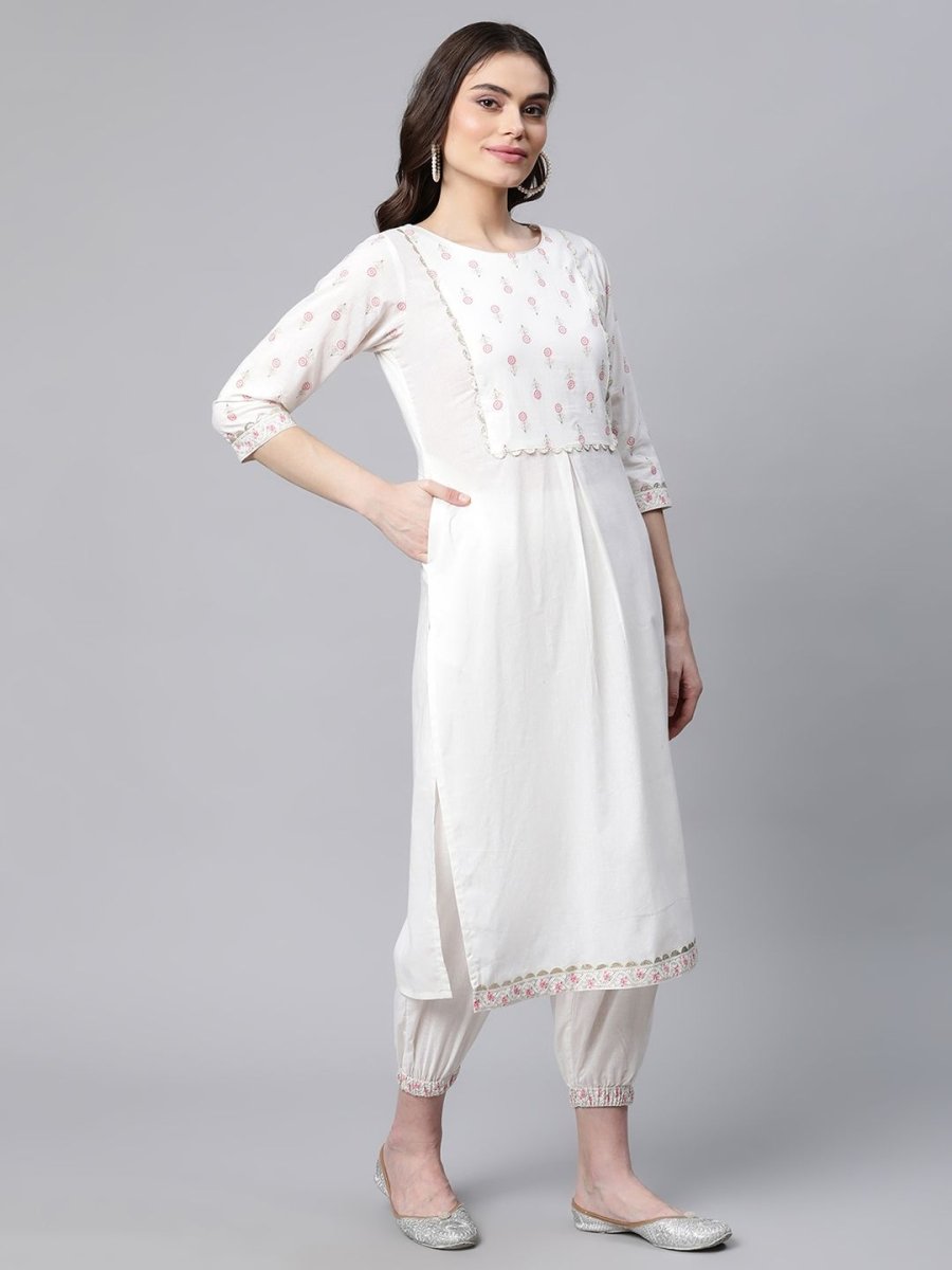 Ahalyaa Women Offwhite Pure Cotton Printed Floral Kurta With Trousers | Swadesiicart