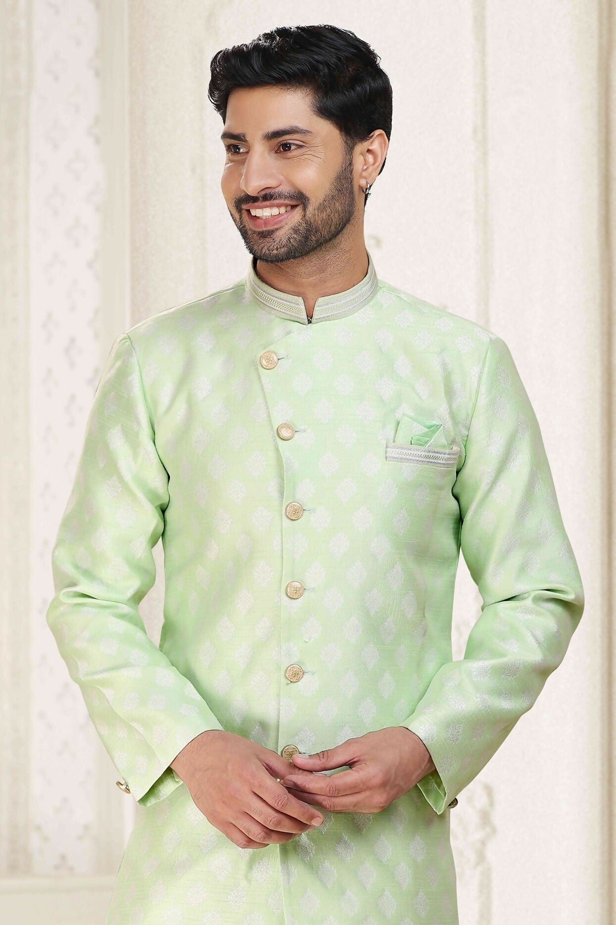 Raivat Ethnic Banarasi Jacquard Embroidery Semi Indo Western Sherwani In Pista Green Colour | Swadesiicart