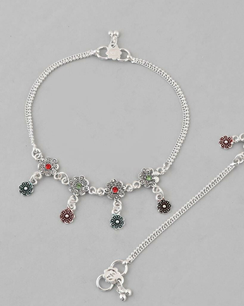 VOJ Set of 2 Silver Plated Meenakari Multi Color Anklet - Swadesiicart