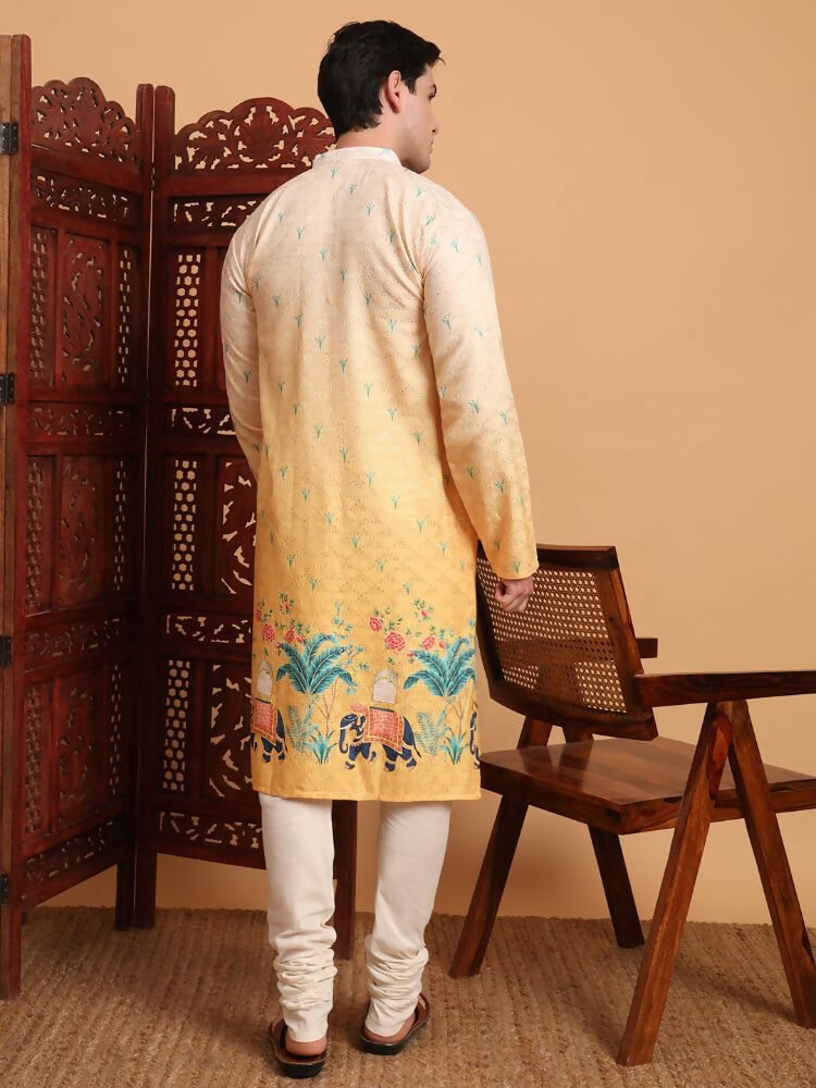 Yellow Cotton Printed Chikankari Embroidery Work Kurta - Mahotsav | Swadesiicart